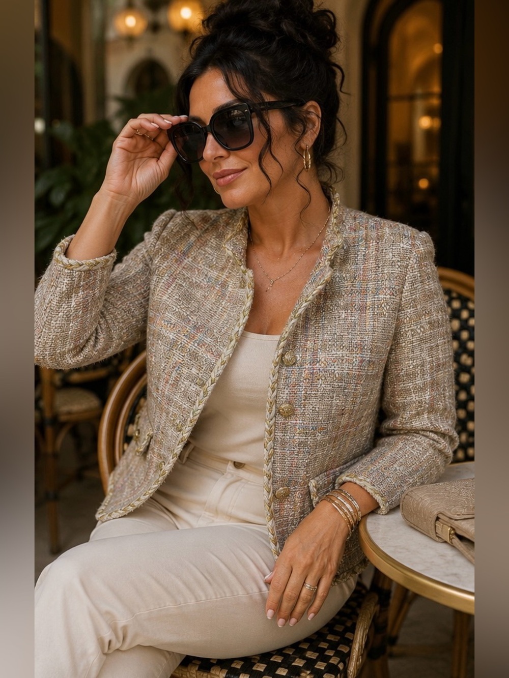 Sutton Studio Petite Tweed Jacket Size 8P Silk Lined Gold Thread Blazer